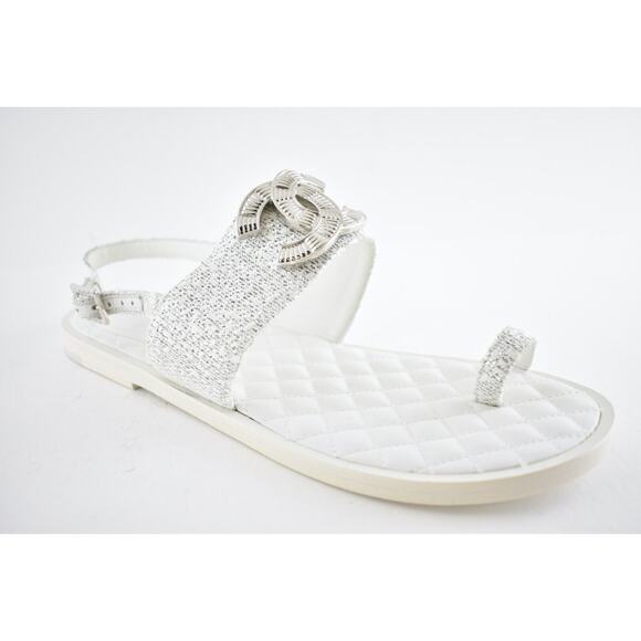 Chanel 19C White Silver Fantasy Fabric CC Logo Ankle Strap Toe Sandal Flat 40.5c - Picture 3 of 12
